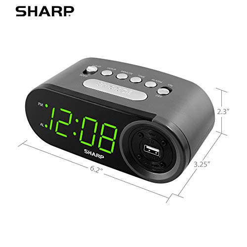 Image of Sharp Digital Easy to Read Alarm Clock with 2 AMP High-Speed USB Charging Power Port - Charge Your Phone, Tablet with a high Speed Charge! Simple, Easy to Use Operation, Black - Green LEDs