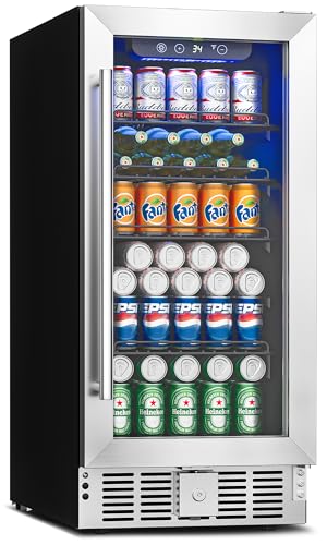 15 Inch Undercounter Beverage Refrigerator - 126 Cans Beverage Fridge with Stainless Steel Door for Beer Wine Soda - Built-in or Freestanding Wine Cooler for Home Kitchen Bar Outdoor