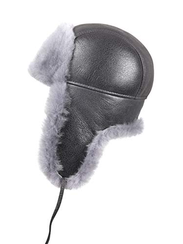 Image of Leather Aviator Shearling Ushanka Trapper Hat Russian Sheepskin Cap Real Fur Winter Hat with Ear Flaps for Men Women