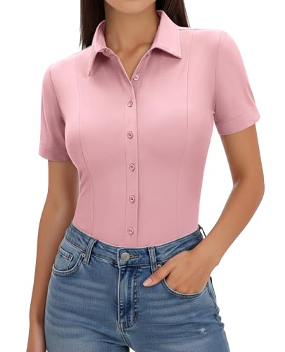 Image of Gleeivy Women's Slim Fit Button Down Shirt Stretch Short Sleeve Wrinkle-Free Work Blouse for Business Casual Office