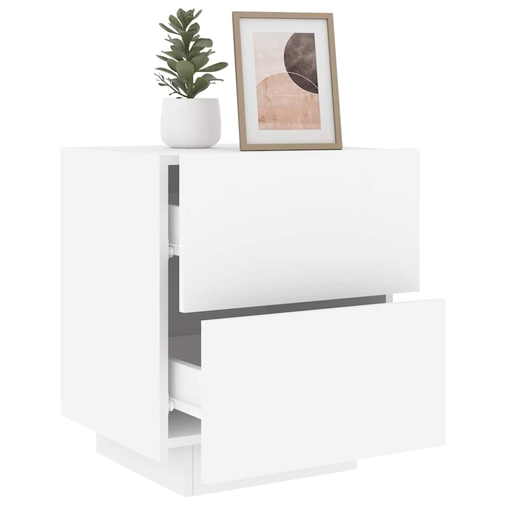 Mesita de noche LED auxiliar blanca de madera 45 x 40 x 55 cm con luz RGB y 2 cajones, moderno armario de noche para dormitorio, salón, pasillo