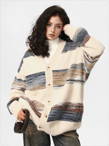 Silent Vortex Men's Women's Oversized Striped Cardigan Sweater Long Sleeve Button Down Vintage Knit Cardigans2