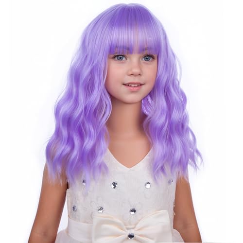 Image of PATTNIUM Kids Purple Wig Short Wavy Wig with Bangs Girls Purple Wigs Synthetic Cosplay Halloween Party Costume Wigs