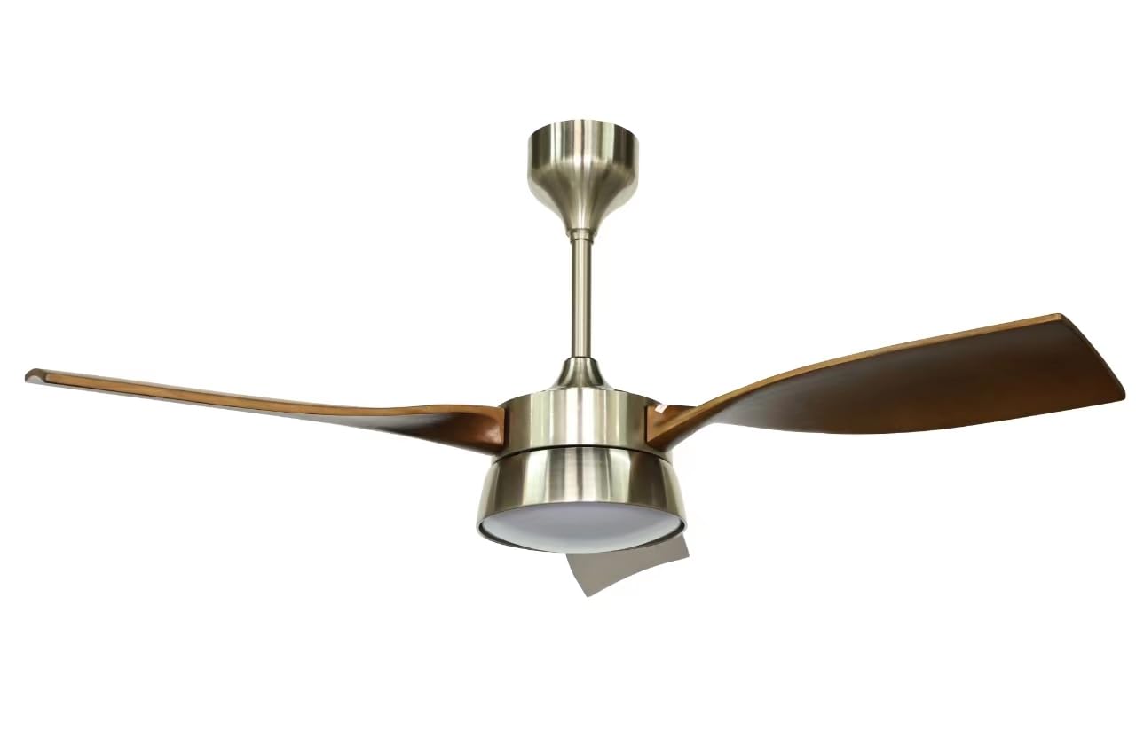 NARVI Ceiling Fan with LED light on, showcasinഅതിന്റെ ആധുനിക സൗന്ദര്യശാസ്ത്രം.