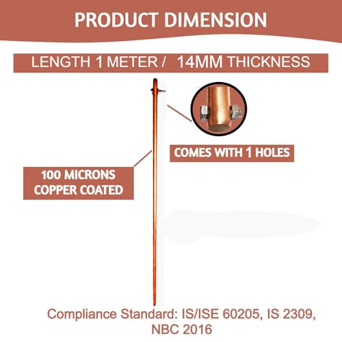 Image of 1M Earth Rod Copper Earthing Home 3 Feet Copper Bonded Earth Rod 14mm Earthing Electrodes 100 microns Copper Earthing Grounding Rod Kit High Conductivity Copper Bonded Earthing (14MM EARTHROD)