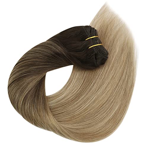 Sunny Ombre Clip In Hair Extensions, Dark Brown Ombre Light Brown Mix Ash Brown Clip In Human Hair Extensions Balayage Brown Hair Extensions Real Human Hair Ombre Remy Hair 7Pcs 16Inch 120G #TOP7
