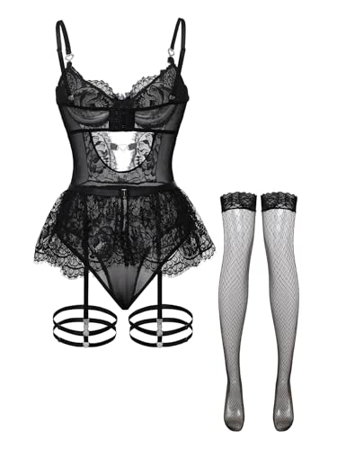 Image of Foxiny Sexy Lingerie Set 3 Piece Women Corset Bodysuit | Sheer Mesh Lace Push-Up Underwire Heart Garter Stocking Plus Size Curvy Exotic Costume Halloween Christmas Valentine's Day