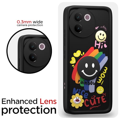 Image of Pikkme Back Cover for Vivo V30e 5G | Soft Silicone| Cute Rainbow Smile & 3D Cartoon Flower Design | Shockproof Raised Camera Protection Bumper Case (Black)
