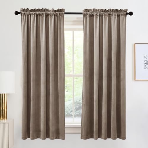 Image of RYB HOME 72 inches Velvet Curtains for Nursery, Rod Pocket Thermal Insulated Soft Silky Touch Window Treatment for Study Room Dorm, W 52 x L 84 inches, Taupe, 2 Panels Set | Rod Pocket, Thermal Insulated, Soft Silky Touch, Window Treatment, for Living Room & Dining Room, Taupe, W52 x L84, 2 Panels