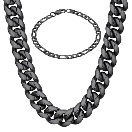 ChainsHouse Stainless Steel 14MM 22'' Miami Cuban Chain +6MM 8.3" Figaro Chain Bracelet for Men