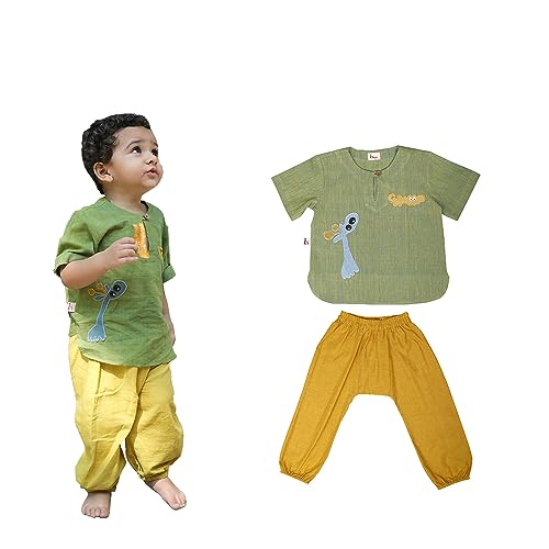 Image of MHYSA Unisex Handblock Printed Khadi Pant Set for Boys and Girls (Light Green & Yellow, 4-5 Years)