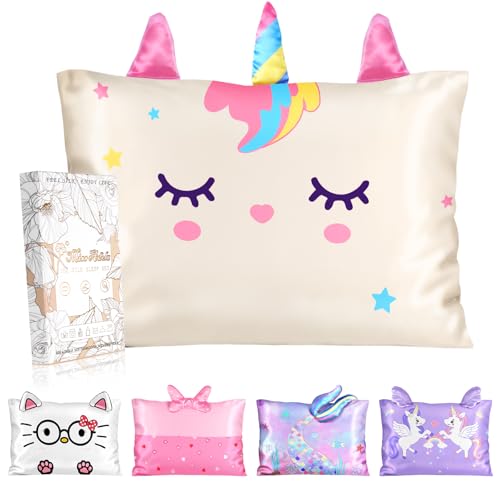 Miss Adola Kids Pillowcases Standard Size 20x26 - Cute Cartoon Soft Breathable Silk Pillow Cases for Hair and Skin with Hidden Zipper for Girls Fun Kawaii Design for Bedding White Unicorn