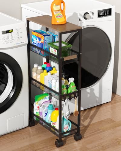 TIPGO Utility Slim Storage Cart 4 Tier Rolling Cart with Wheels Narrow Storage Cabinet for Bathroom Laundry Shelves for Room Organization Small Organizer for Kitchen Office and Dorm (Black)