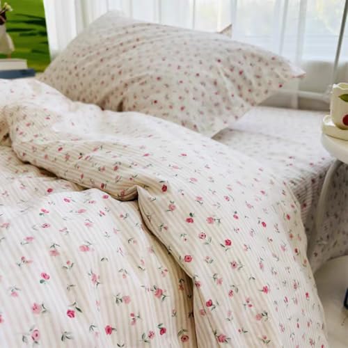 Michorinee Housse de Couette 220x240 Petites Fleurs Rose - Vintage Parure de Lit Motif Floral et Rayures avec Fermeture Éclair - Linge de Lit 2 Personnes en...