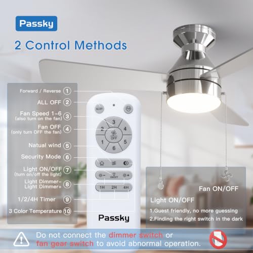 Image of Passky Ceiling Fans with Lights, 42 inch Low Profile Ceiling Fan with Pull Chain and Remote Control, Flush Mount, Reversible, 5CCT, Dimmable, Noiseless, Nickel Pull Cord Ceiling Fan for Bedroom | Flush mount, pull chain, remote, 3-color dimmable light, quiet reversible DC motor, easy install, memory, timer, bedrooms