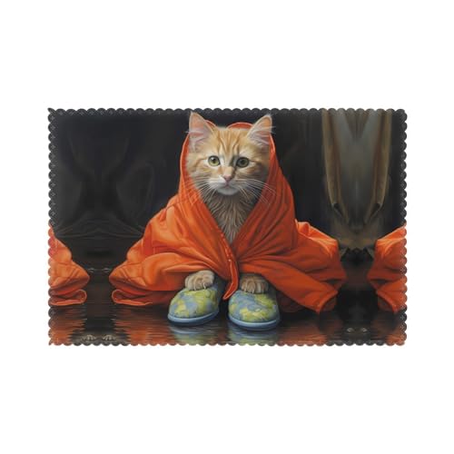 WHJSSF Set di 6 tovagliette con stampa di gattini che indossano pantofole, lavabili in fibra di poliestere, per sala da pranzo, cucina, hotel, casa e decorazioni per banchetti