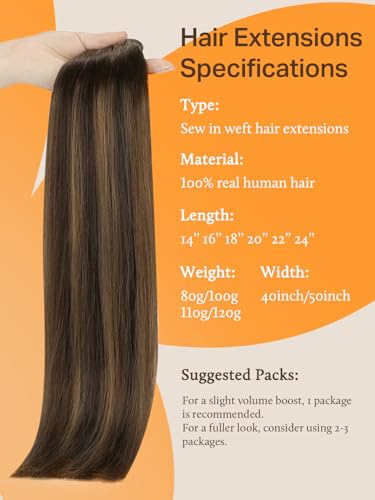 Image of DOORES Sew in Hair Extensions 22 Inch 110g Balayage Dark Brown to Chestnut Brown, Remy Human Hair Extensions Sew in Full Head Long Straight