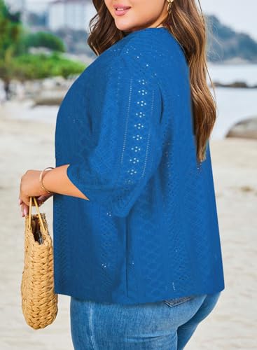 Image of Eytino Plus Size Cardigan for Women Half Sleeve Knitted Jacquard Summer Kimono Cover up Tops(1X-5X)