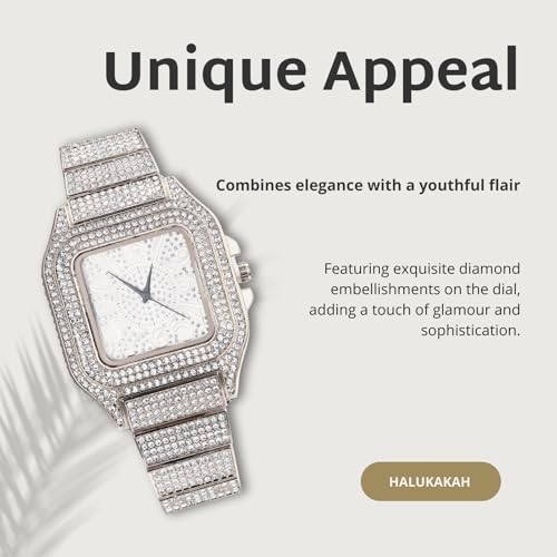 Image of Halukakah Diamonds Watch Iced Out for Boy Teens Kids - 18K Real Gold /Platinum Plated,Arabic Numerals Square Dial,Japanese Quartz - 7.3 inch Length - Optional with Cuban Link Chain - for Birthday,Parties