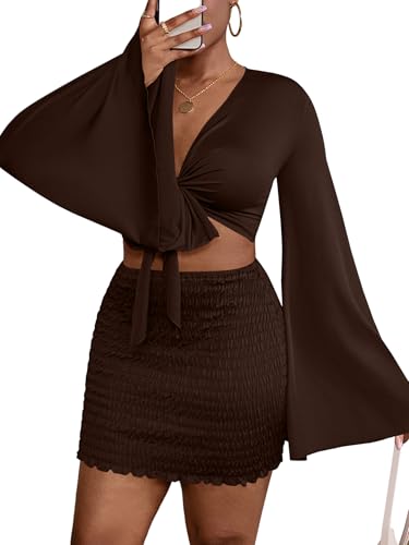 Image of LYANER Women 2 Piece Vacation Outfits Tie Knot Front Bell Long Sleeve Crop Top and Mini Skirt Summer Set