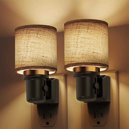Image of L LOHAS LED Night Lights Plug into Wall, 2 Pack Linen Fabric Cylinder Decor Night Light, Dusk to Dawn Sensor Vintage Nightlight, 0-100LM Dimmable, for Bedroom Living Room Hallway