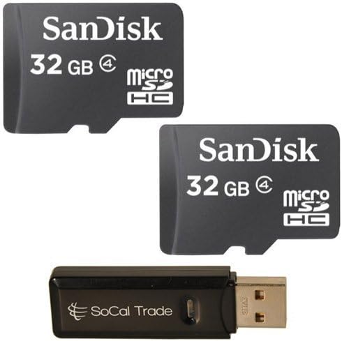 Sandisk 32GB x2 MicroSD HC Memory Card, Class 4 with SoCal Trade (tm) MicroSD HC XC & SD HC XC Dual Slot Card Reader