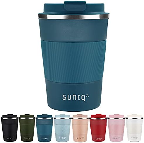 SUNTQ Reusable Coffee Cups Travel - Coffee Travel Mug with Leakproof Lid - Thermal Mug Insulated Cup - Stainless Steel Travel Cup with Rubber Grip - for Hot and Cold Drinks, 13oz/380ml Blue