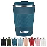 SUNTQ Kaffeebecher to go Thermo aus Edelstahl - Thermobecher mit Gummierte Manschette Doppelwand Isoliert - Kaffeetasse mit Auslaufsicherem Deckel Wiederverwendbar 380ml Blau