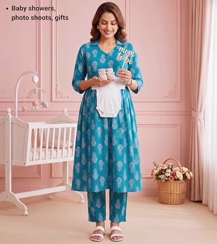Image of DUMMY SHAPE Maternity Dresses for Women Cotton Rayon | Floral Kurta Pant Dupatta Set with Nursing Zippers to Pre & Post Partum | Feeding Kurtis | Mom to Be Gifts for Pregnant Woman