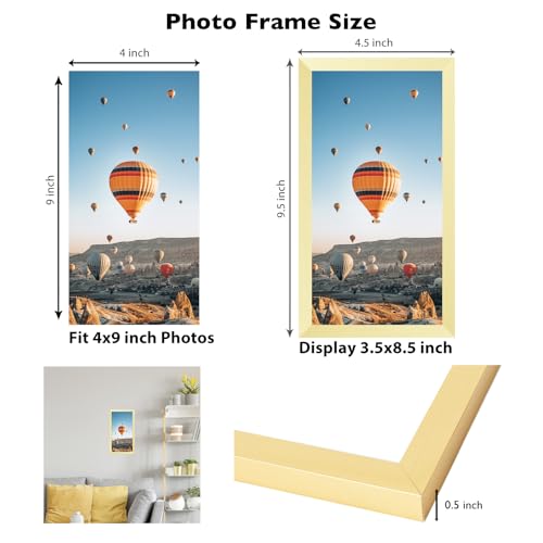 Image of JCJMY 4x9 Picture Frame Gold for Wall Hanging or Tabletop, Wall Mounting Horizontally or Vertically, 4 x 9 Wall Gallery Poster Photo Frame with Shatter Resistant Plexiglass, Gold