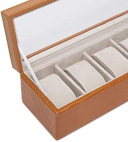 Amazon Basics 6-Slot Watch Box, with Glass Lid and Removable Pillows, Synthetic Alligator Leather - Brown