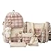 Mordelar 5Pcs Canvas School Backpack Combo Set with Kawaii Bear Pendant Cute Pins Plaid Check Handle Shoulder Tote Bag Schoolbag (Pink)