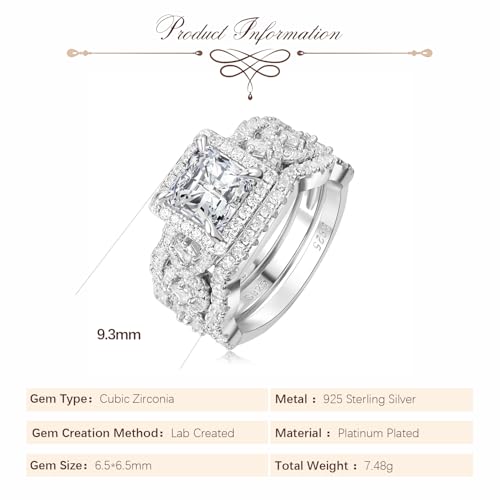 Princess Cut Cubic Zirconia Halo Promise Engagement Ring For Women in 925 Sterling Silver, Simulated Diamond 14k White Gold Plated CZ Stackable Rings For Her, Wedding Band Bridal Ring Set2