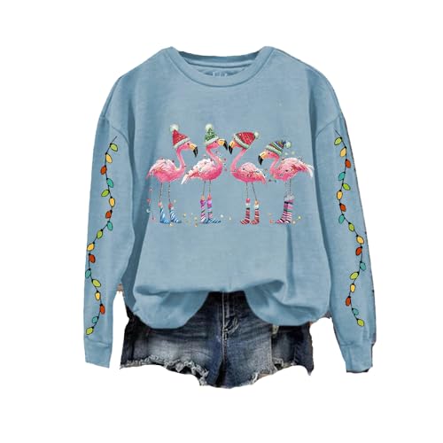 Christmas Flamingo Print Crewneck Sweatshirt Christmas Hawaiian Sweater