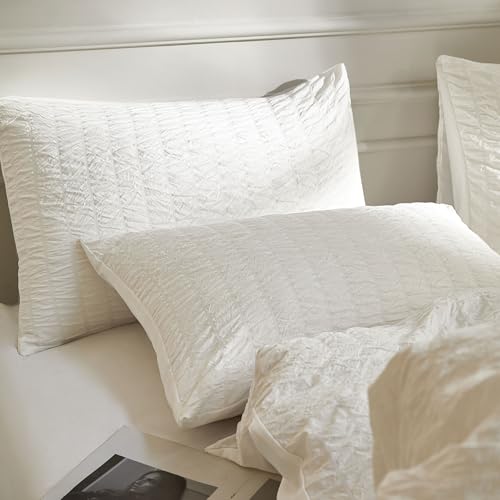Image of JELLYMONI Seersucker Duvet Cover Set Super King, 3pcs White Polyester | In Spacious Master, Couples & Pets, Crinkled Texture, Oeko-Tex Certified, 8 Corner Ties & Hidden Zipper