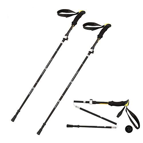 Barrageon 2 Unidade Bastones de Senderismo Ultraligero Durable Clase de Aviación Aluminio Antichoque Plegable Ajustable Excursión/Escalada, Trekking de Bastón Hombre Mujer Niños Negro/Amarillo