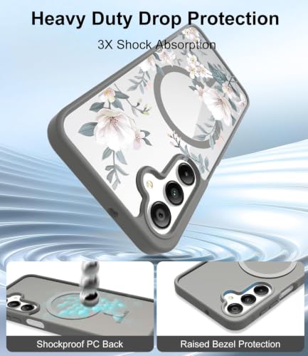Image of VONZEE Compatible with Samsung Galaxy S23 5G Case Luxury Retro Flowers Floral Clear for Magnetic Wireless Charging Case Shockproof Case PC+TPU Cute Glossy Shiny Cover for Girls Women,Grey