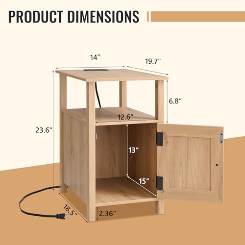 Image of IFBUY Farmhouse Nightstands Set of 2, Narrow Bedside Table with Charging Station, Night Stand Set 2 with Storage & Open Shelf, End Tables w /Groove Barn Door for Bedroom, Living Room-Natural