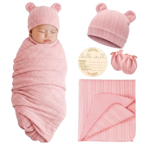 Image of AQOKKA Newborn Receiving Blanket with Bow Hat Mittens Set Nursery Swaddle Wrap Toddler Swaddles for Newborn Baby Boy Girl