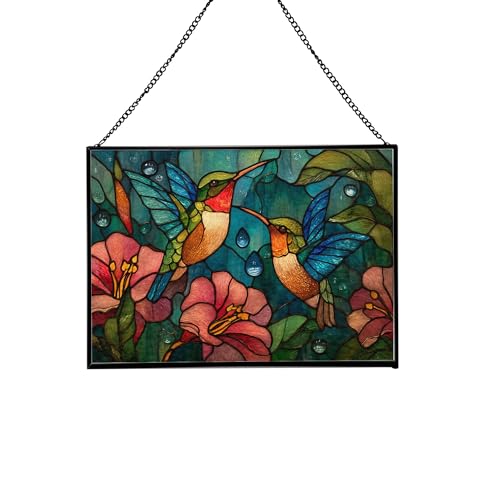 Hummingbirds Drinking From Rain-Drenched Petals Rectangular Stained Glass Suncatcher –Hanging Window Panel with Animal & Nature Scene–Vibrant Glass Art Gift for Wildlife, Fantasy, Nature Lovers XLa9ML