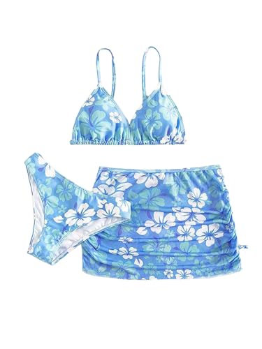Image of Girl's 3 Piece Sets Floral Print Bikini Swimsuit High Waisted Bathing Suits with Beach Skirt Coverups