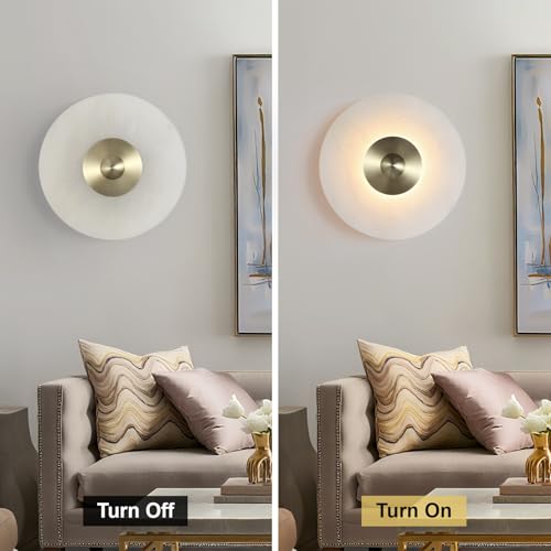 Image of 11.8 inch Round Alabaster Wall Sconce,Marble Modern Bathroom Light Fixture with Natural White Glass Shade for Bedroom, Hallway, Stairs (Hardwired)