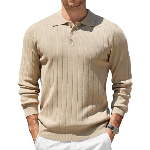 COOFANDY Mens Knit Polo Sweater Long Sleeve Polos Lightweight Casual Dress Pullover Sweaters Small Khaki