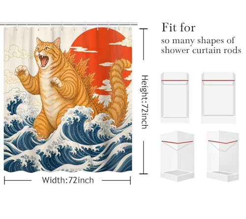 Image of Funny Shower Curtain, Vintage Japanese Cat Art Anime Sunset Wave Shower Curtains for Bathroom, Animal Cat Japan Fabric Bathroom Decor, with Hooks 72x72 Inch
