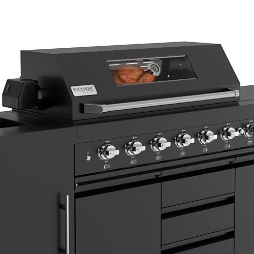 Image of KoolMore Reserve Outdoor Kitchen Island with 6 Burner Grill and a Side Burner, Sink, Storage Cabinet, and Beverage Refrigerator, CSA Listed in Sleek Black