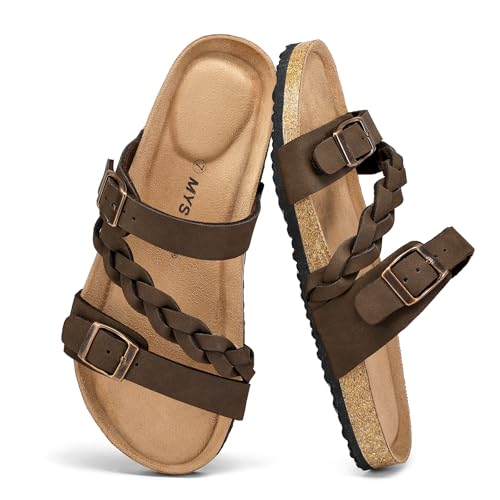 mysoft Womens Braided Cork Sandals Flat Adjustable Buckle Slides Slip-On Summer Shoes