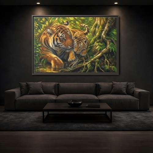 Tableau tigre orange et vert grand format horizontal idée déco salon
