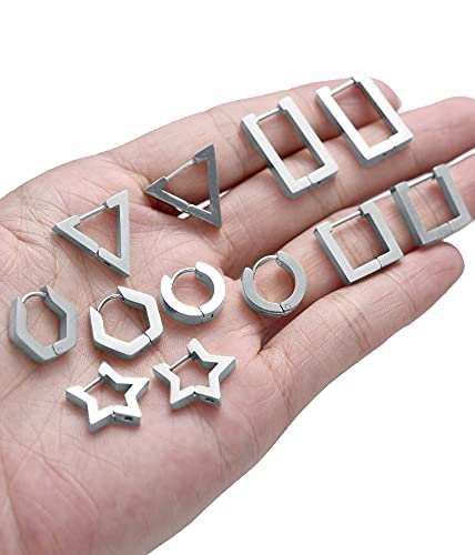Ofeiyaa 6 Pairs Minimalist Hoop Earrings Stainless Steel Small Dainty Geometric Square Triangle Star Rectangle Huggies Earrings For Women Girls Silver Tone #TOP4