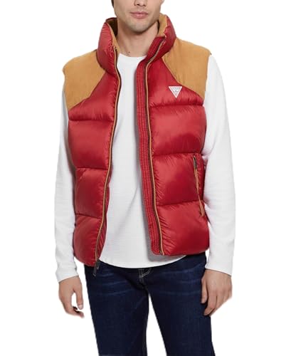 GUESS Mens Yann Fabric Block Puffer Vest, Chili Red Multi, Small
