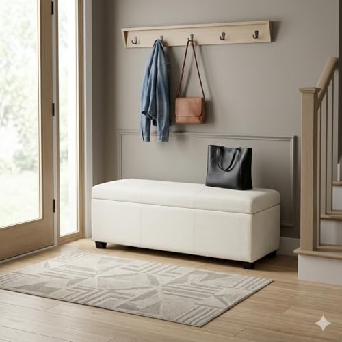 Image of SIMPLIHOME Avalon 48 inch Wide Fabric Storage Ottoman in Alabaster Ivory